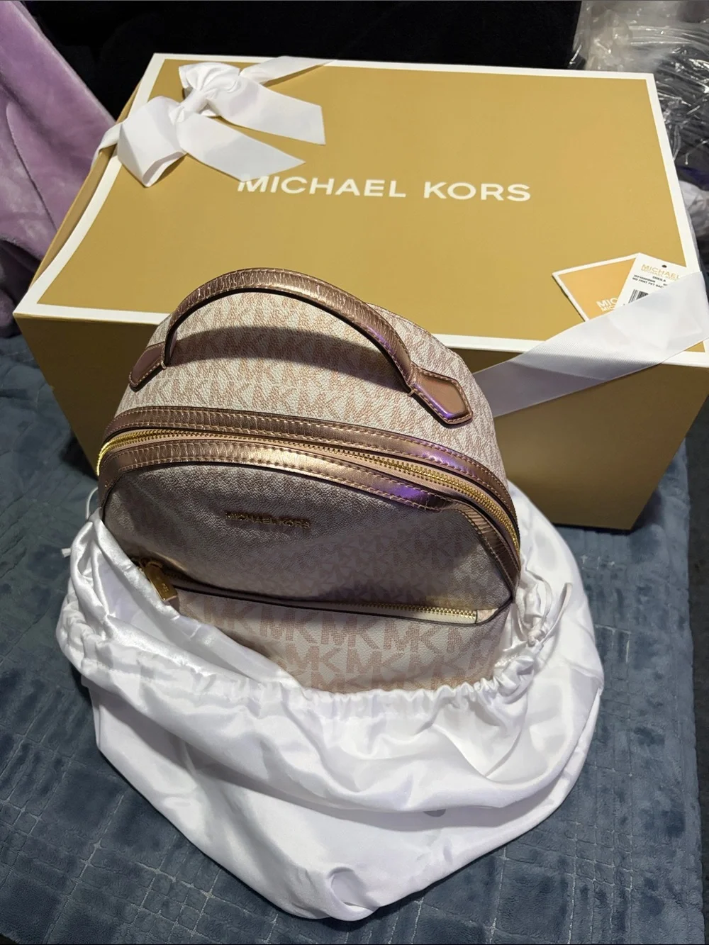 MICHAEL KORS Blush Logo Mini Backpack with Gold Hardware